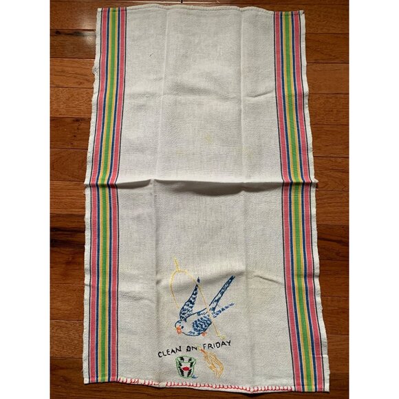 Vintage Clean on Friday Hand Embroidered Bird on Swing Hand Towel - Picture 3 of 8